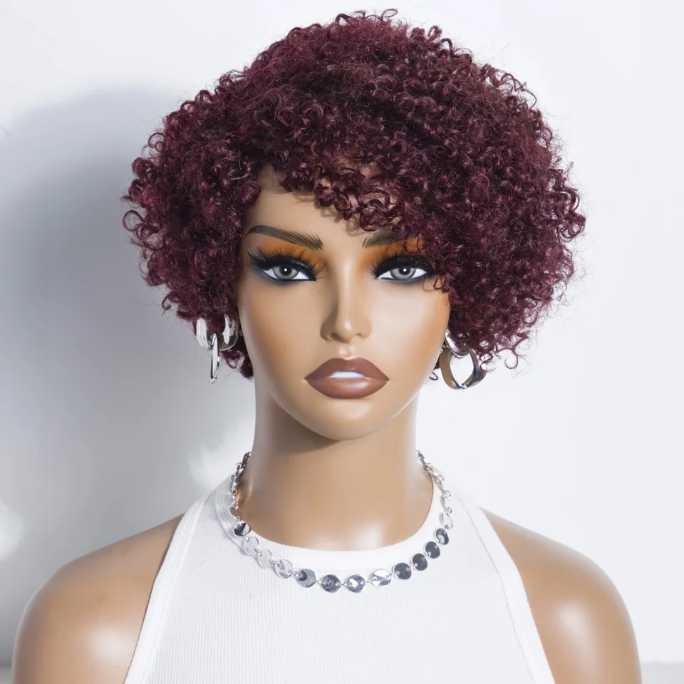 Lekker 99j Burg Red Short Pixie Cut Afro Kinky Curly Bob Human Hair Wigs For Women Brazilian Remy Hair Ready to Wear Colored Wig image 2