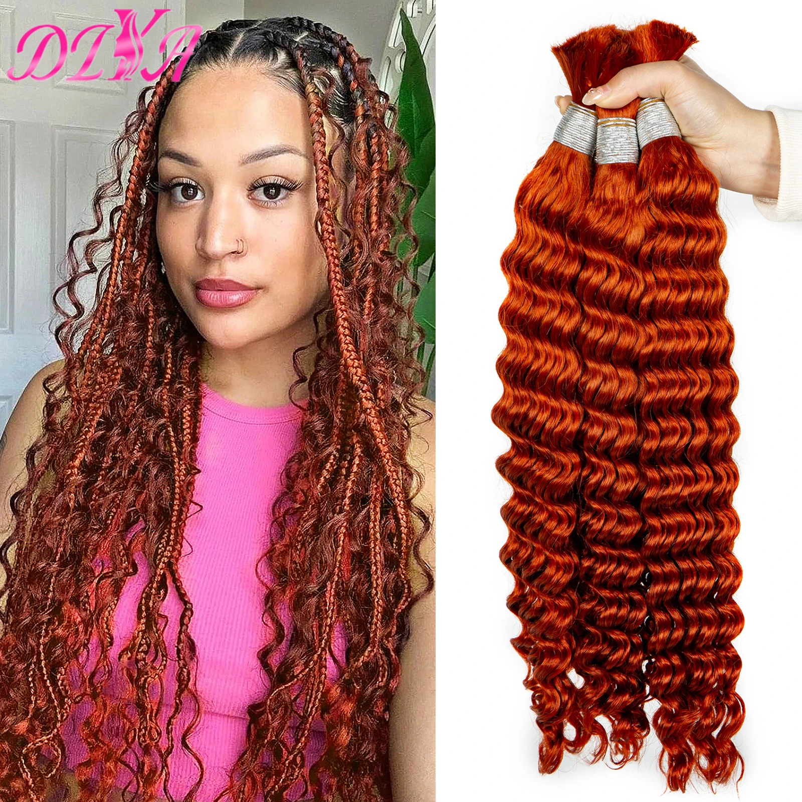 

350# Ginger Orange 100% Human Hair Bulk 16-28 Inch No Weft Virgin Hair Bundles Extensions Deep Wave Hair Bulk for Boho Braiding