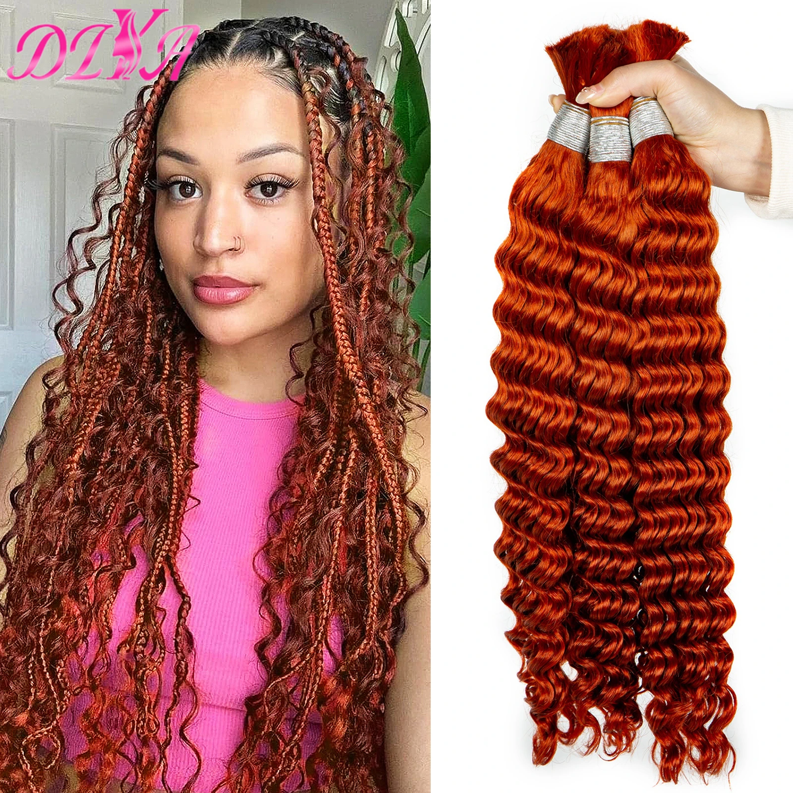 Deep Wave Hair Bulk para Boho Braiding, 100% Cabelo Humano, Sem Trama Virgem Pacotes de Cabelo Extensões, Gengibre Laranja, 16-28 em, 350 #