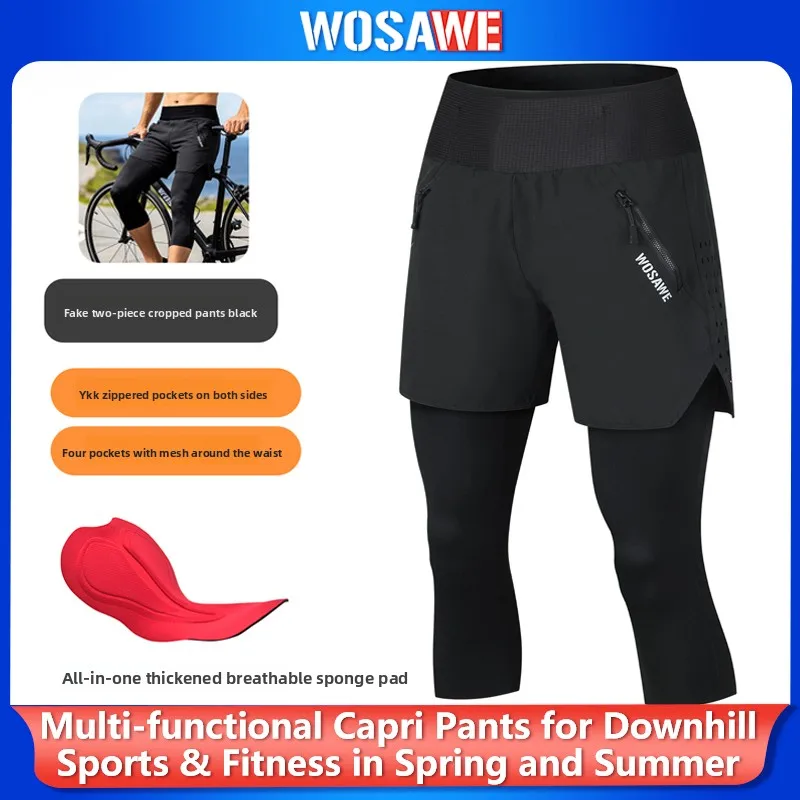 

WOSAWE Unisex 2-in-1 MTB Cycling Capris with Padded Liner High-waisted 3/4 Pants Summer Quick Dry Cycling Shorts