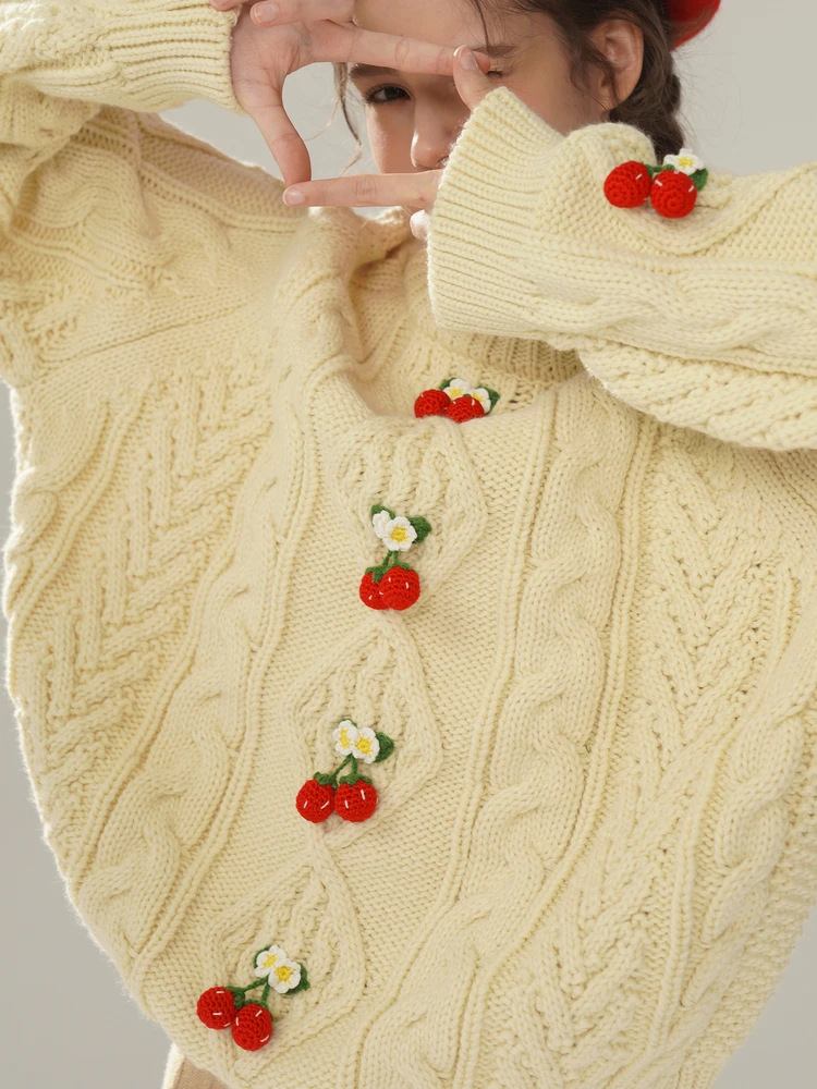 

120 см бюст осень зима кашемировые шерстяные пуловеры женские элегантные свободные крючки ручной работы цветы красные фрукты вязаные свитера