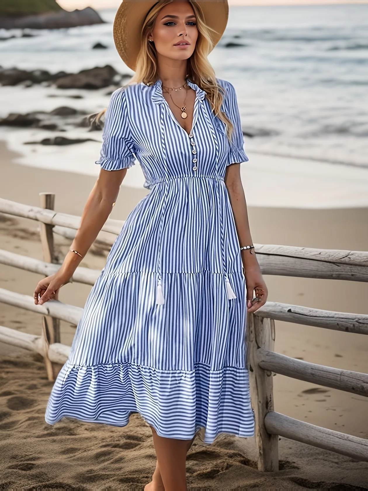 Böhmen Quaste Gestreiften Rüschen Sommer Kleid Frauen Elegante V-ausschnitt Laterne Hülse Midi Kleid Weibliche Urlaub Sommerkleid 2023 Neue