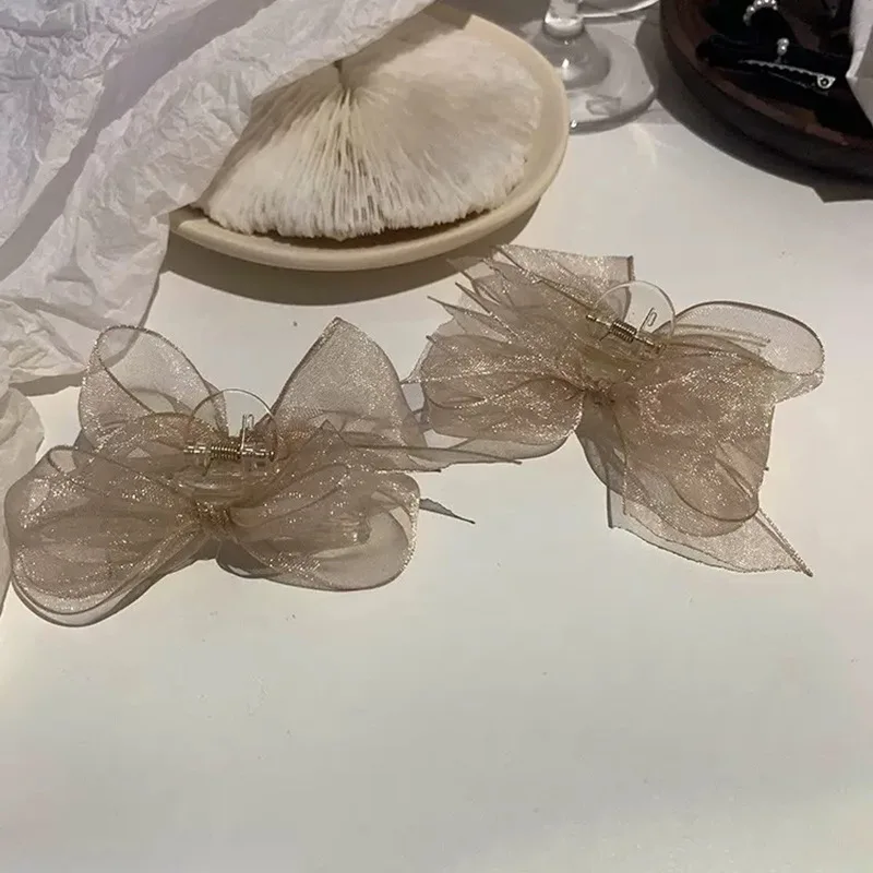 

Premium Organza Hair Claw Fairy Bow Clip Korean Crystal Accent Non Slip Grip for Girls Luxury Hair Accessories