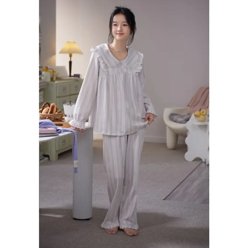 Elegant striped women's pajamas suit spring and fall models cotton long-sleeved Korean sweet casual fashion sleepwear homewear