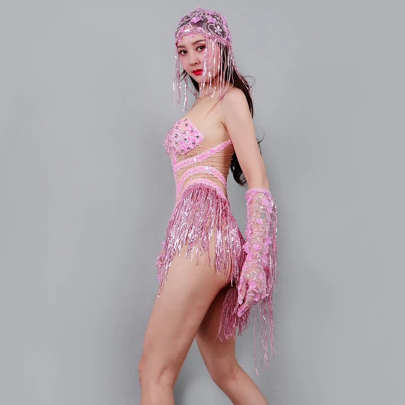 Sexy Roze Fringe Bodysuit Gogo Dans Kleding Nachtclub Bar Dancewear Zanger Showgirl Prestaties Outfit Party Rave Kleding yk