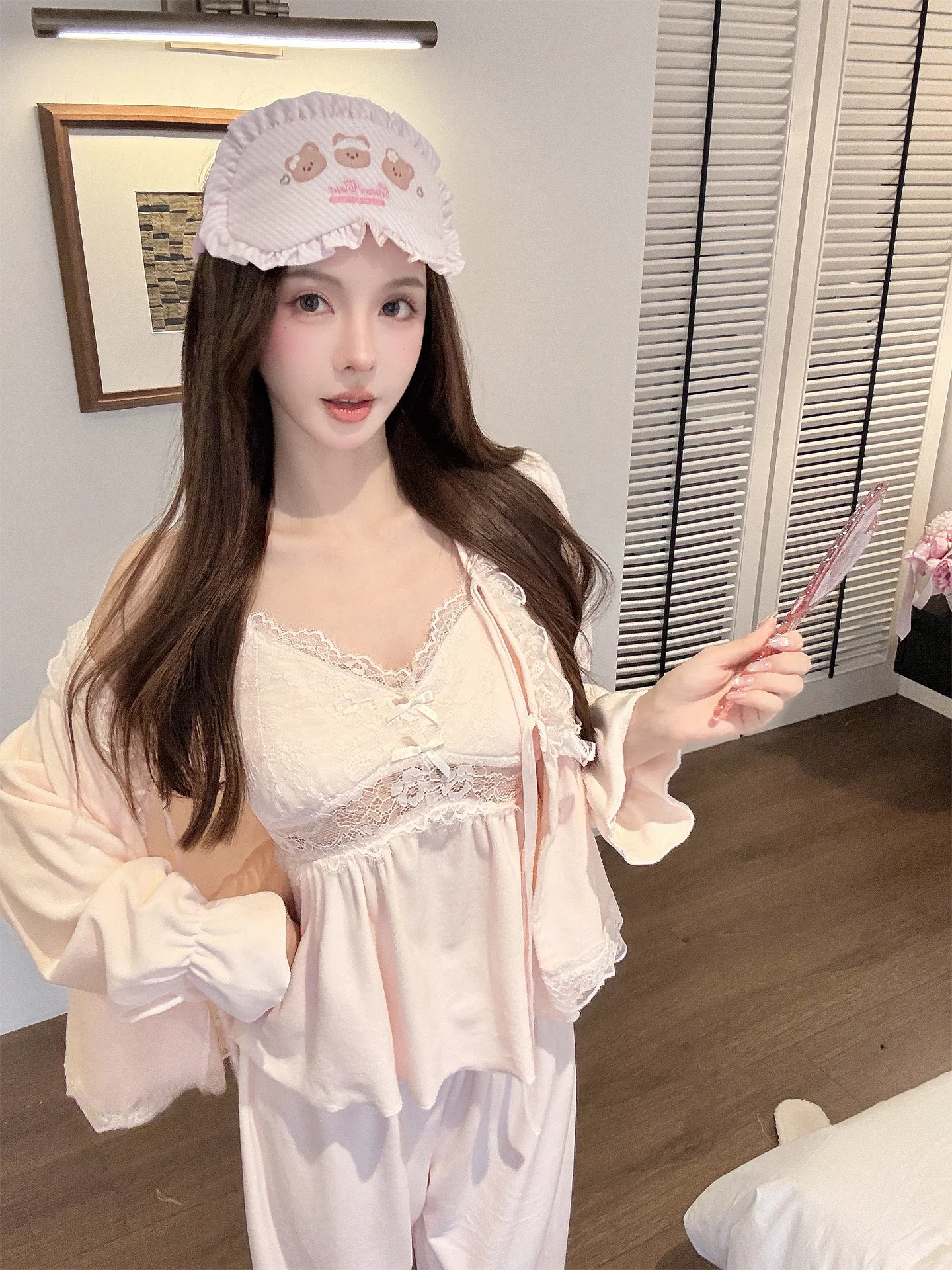 autumn-winter-double-sided-island-velvet-sexy-lace-patchwork-chemise-women's-pure-desire-warmth-home-clothes-three-piece-set