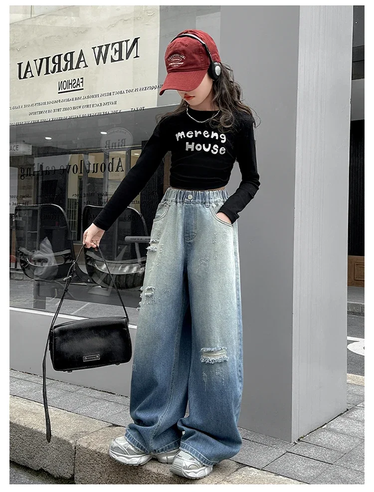 ZOETOPKID Mädchen Zerrissene Distressed Jeans Weite Hose mit Elastischem Bund Farbverlauf Denim-Hose für Kinder – Detail 3