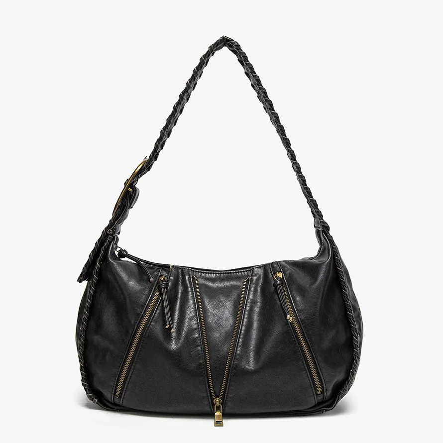 

Venn Angel Vintage Handbag Black Hobo Bag for Women, Soft Faux Leather Shoulder Bag with Braided Strap & Multi-Zipper Pockets