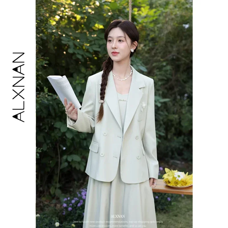 ALXNAN Light Green Blazer Women 2026 Fall Casual Fashion Office Lady Coats Elegant 3d Flower Design Long Sleeve Jacket L61709