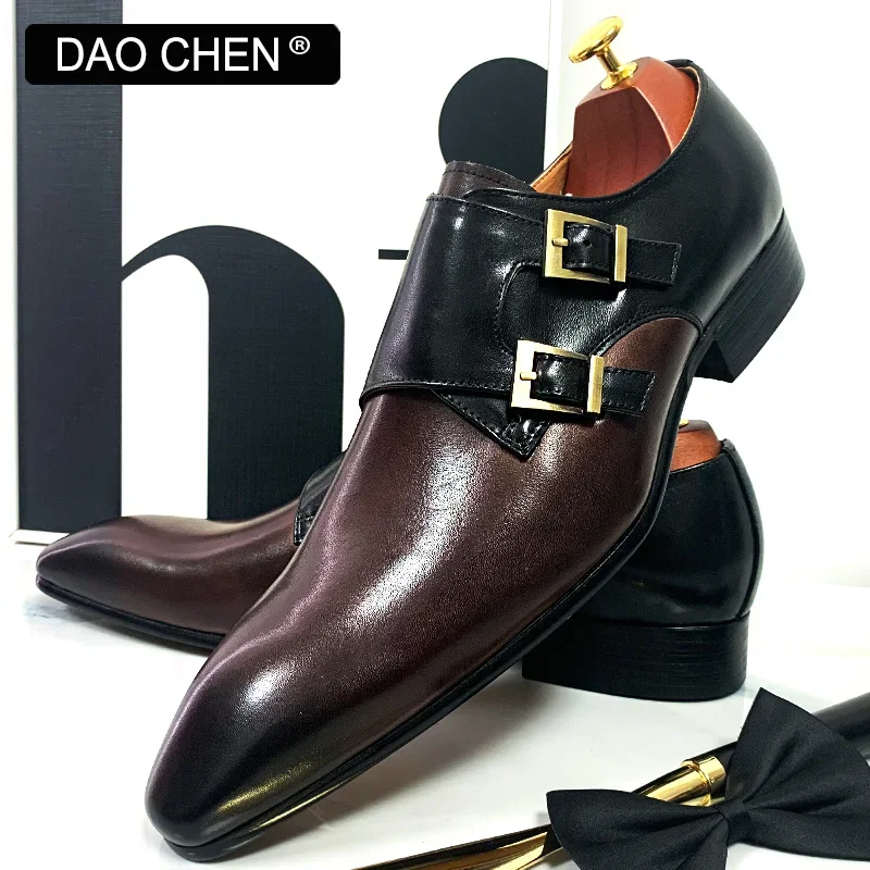 DAOCHEN-mocasines con hebilla para hombre, zapatos de vestir informales de colores mezclados, oficina, boda, monje, piel auténtica