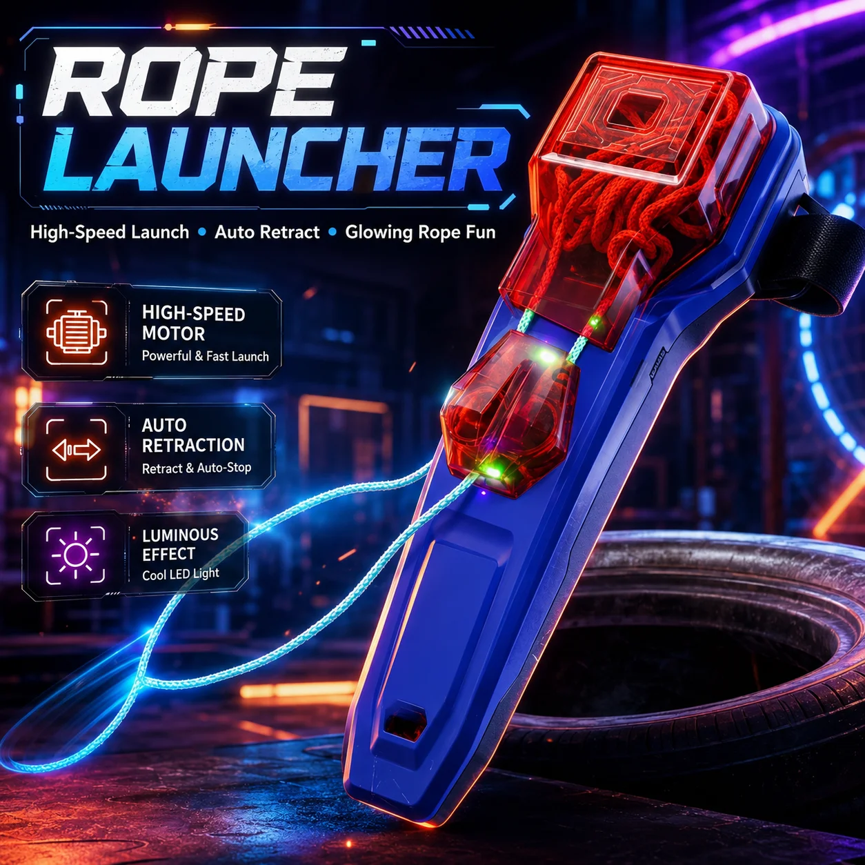 Glow in Dark High Speed Auto Recycle String Launcher, Luminous Handheld Rope Toy, Stress Relief Fidget Toy for Kids & Adults