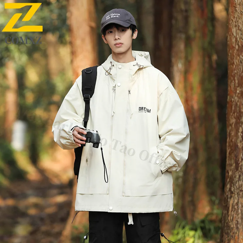 

2025 Men's Autumn Hooded Workwear Jacket Trendy Streetwear Casual Windbreaker Coat Lightweight Outdoor Zipper Windproof Jackets