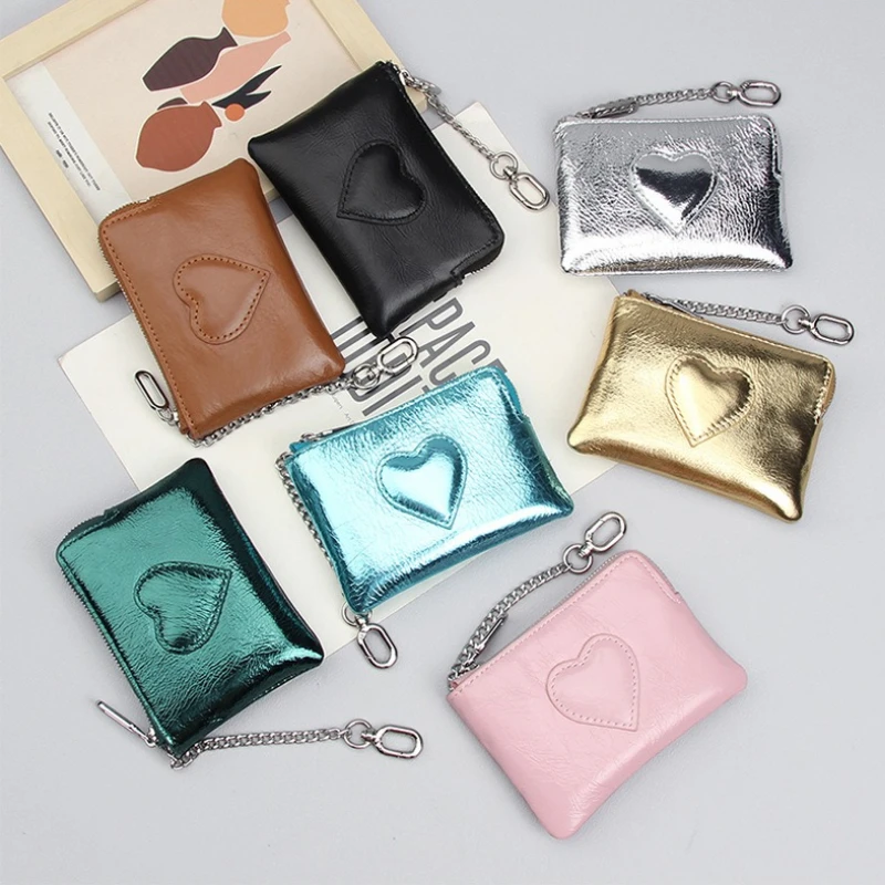 Vintage Oil Wax Real Leather Mini Wallet,  Fashion Heart Decor Women's Coin Purse with Keychain, Zipper Small Purse for Women