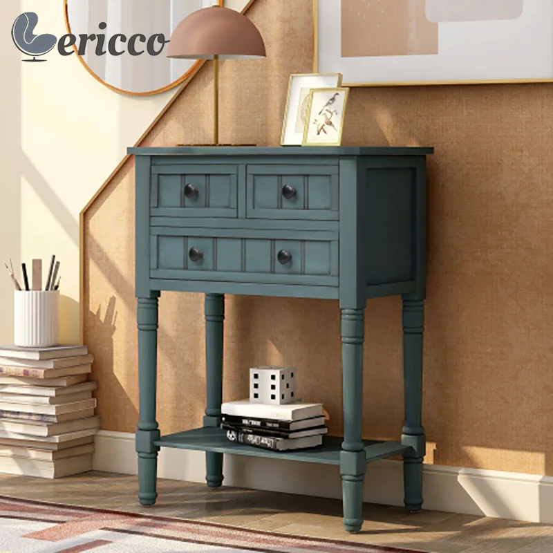 GERICCO American Console Table Narrow Wooden Entryway Table with 3 Storage Drawers Bottom Shelf for Living Room Hallway Entrance