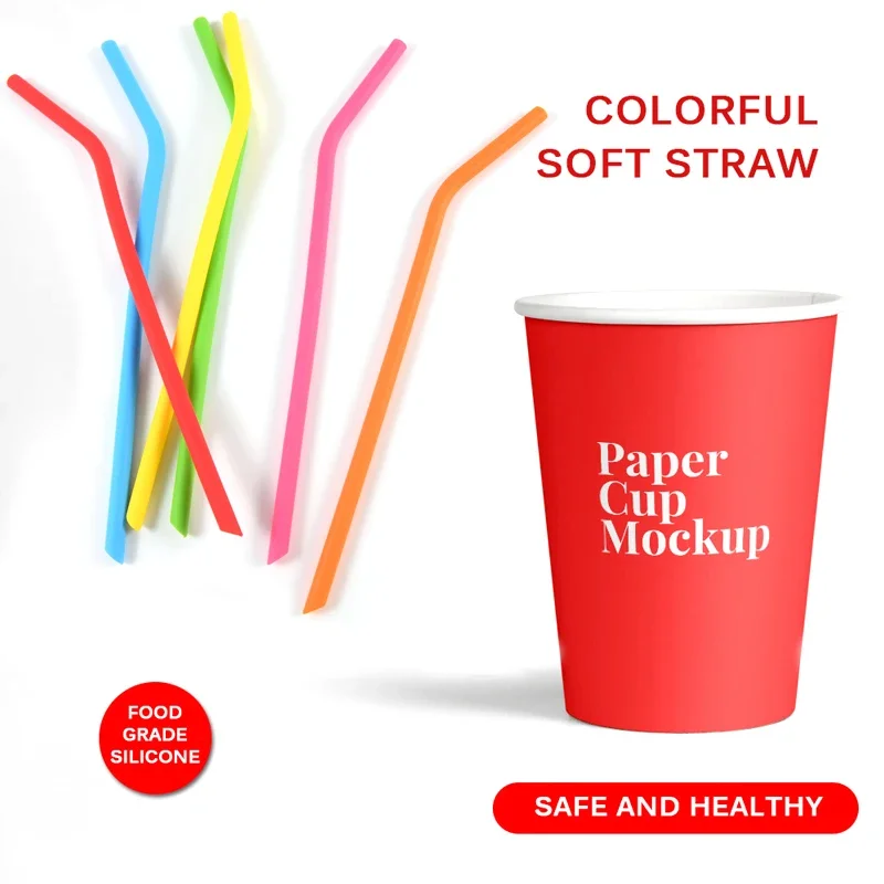 6Pcs Reusable Silicone Drinking Straws Set, Long Flexible Straws with Cleaning Brushes for 20 oz Tumbler Bar Party Straws