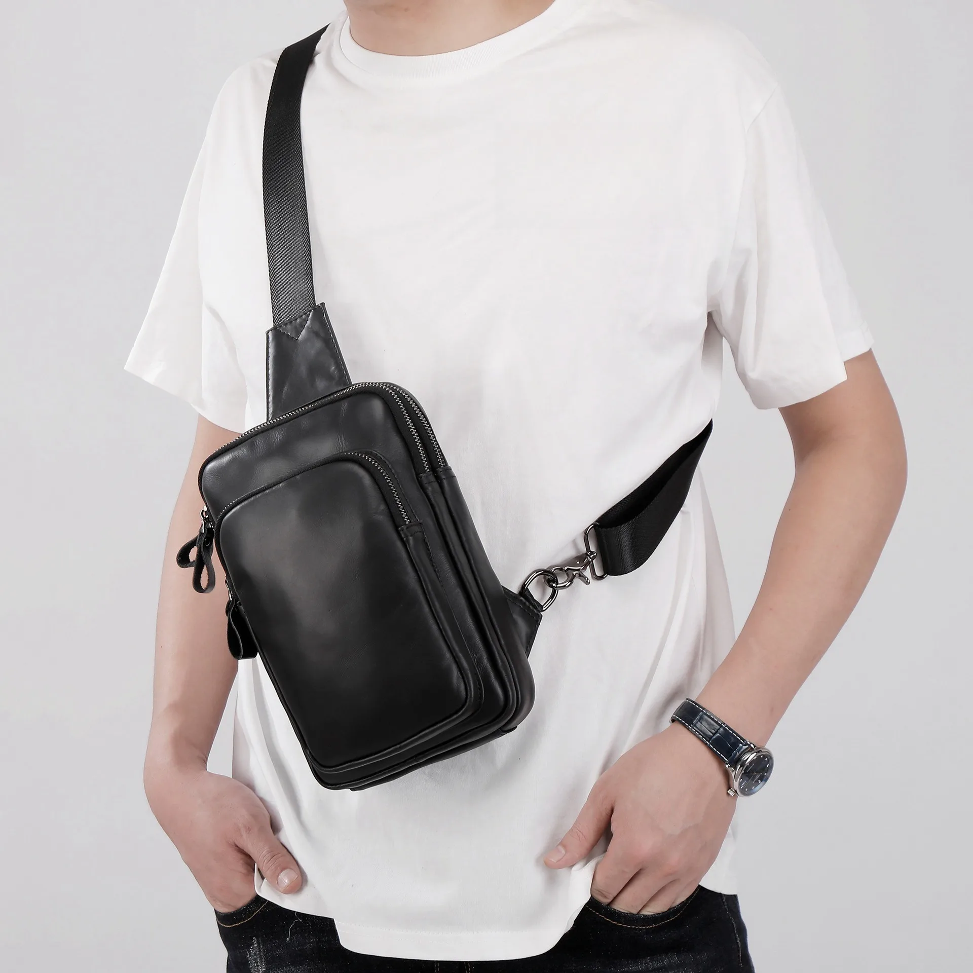 رجال الأعمال العمودي جلد طبيعي حقيبة صدر للرجال عارضة الرياضة حقيبة كروسبودي الأزياء أعلى الحبوب الجلود الكتف الرافعة #1