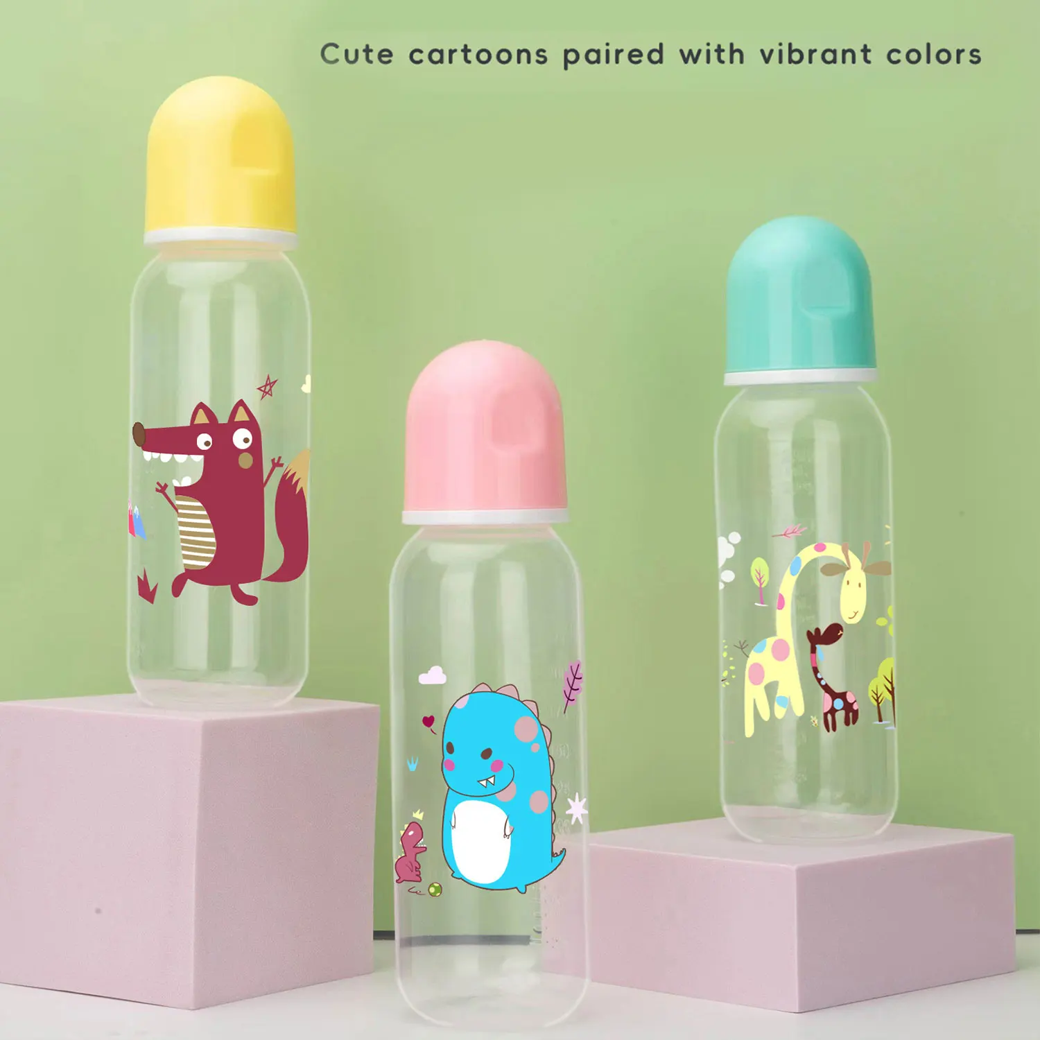 

2 standard caliber baby bottles 250ml +125ml, silicone pacifiers, cartoon baby bottles to prevent flatulence, random patterns