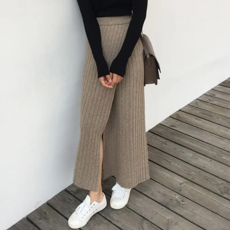 

High Waist A-Line Knitted Long Skirt Women's Side Slit Design Chic Autumn Winter plus Size Faionable Casual Ele Skirt