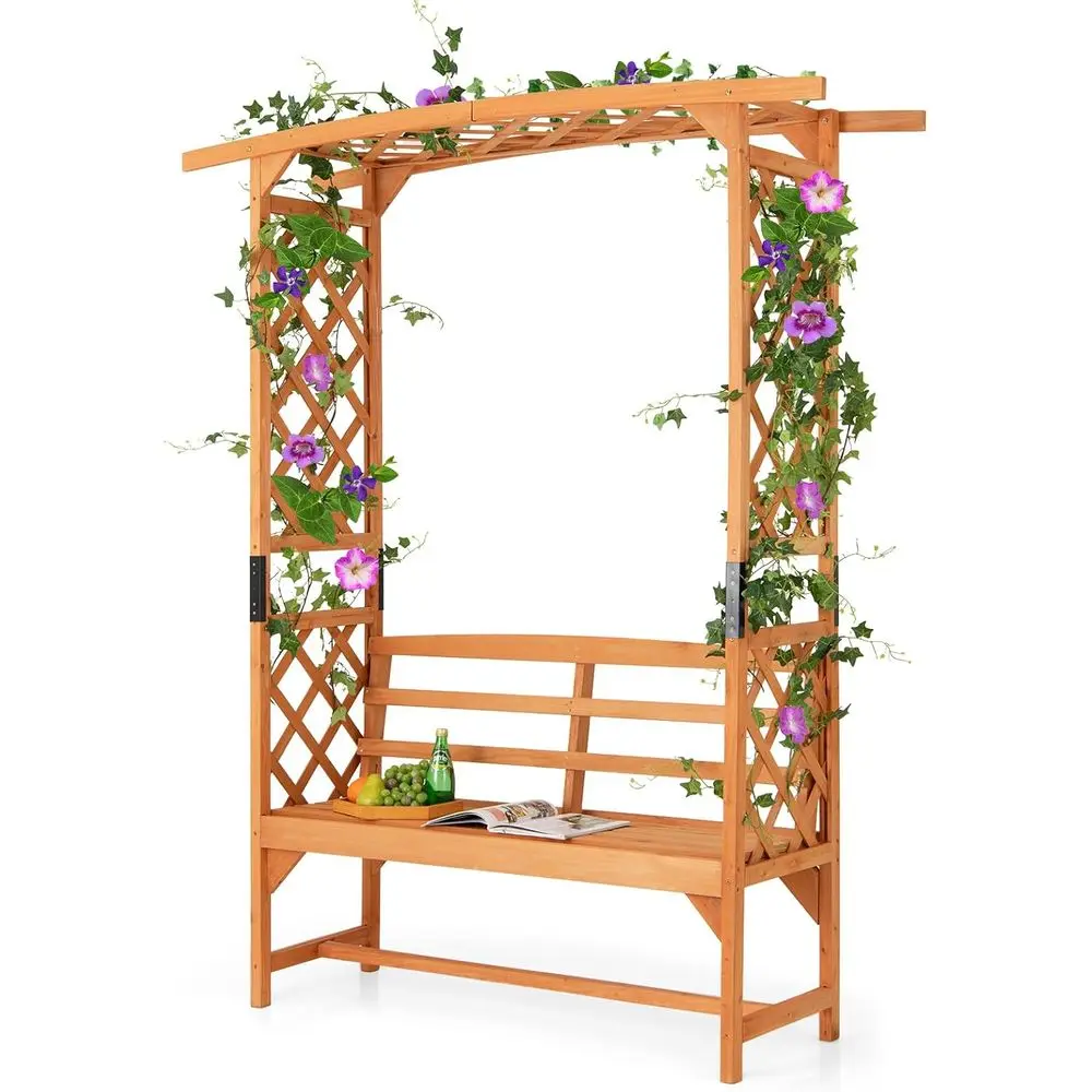 

Patio Garden Arbor with Bench, Garden Arch Trellis w/Pergola & Side Trellises or ClimPlants Vines Grapes, 2-Seat Wooden Outdoor