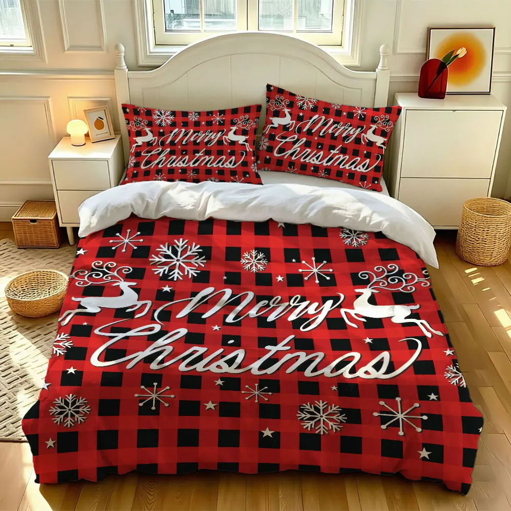 3pcs set(1 bedspread + 2 pillowcases) with Christmas red and black plaid snowflake reindeer decorative fabric home decoration