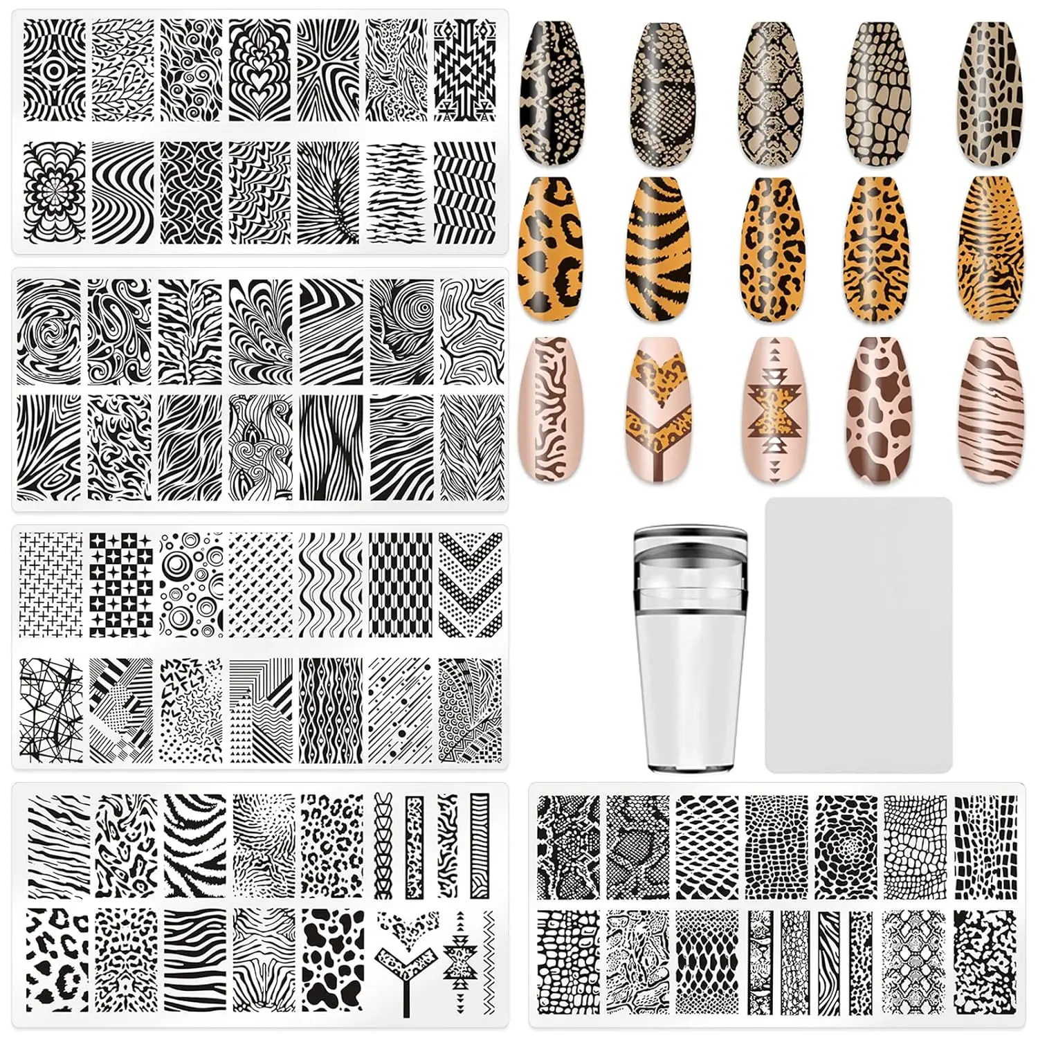 

5Pcs Nail Stamping Plates with Stamper and Scraper - Leopard Print Nail Art Templates for DIY Manicure