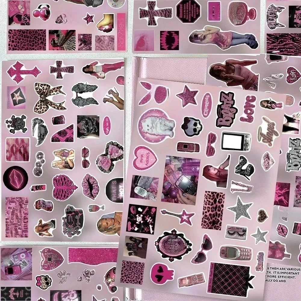 8 sheet Y2K Retro Pink-themed Sweet & Cool style Die-Cut Sticker DIY Phone Case Seal Collages Scrapbook Diary Junk Journal