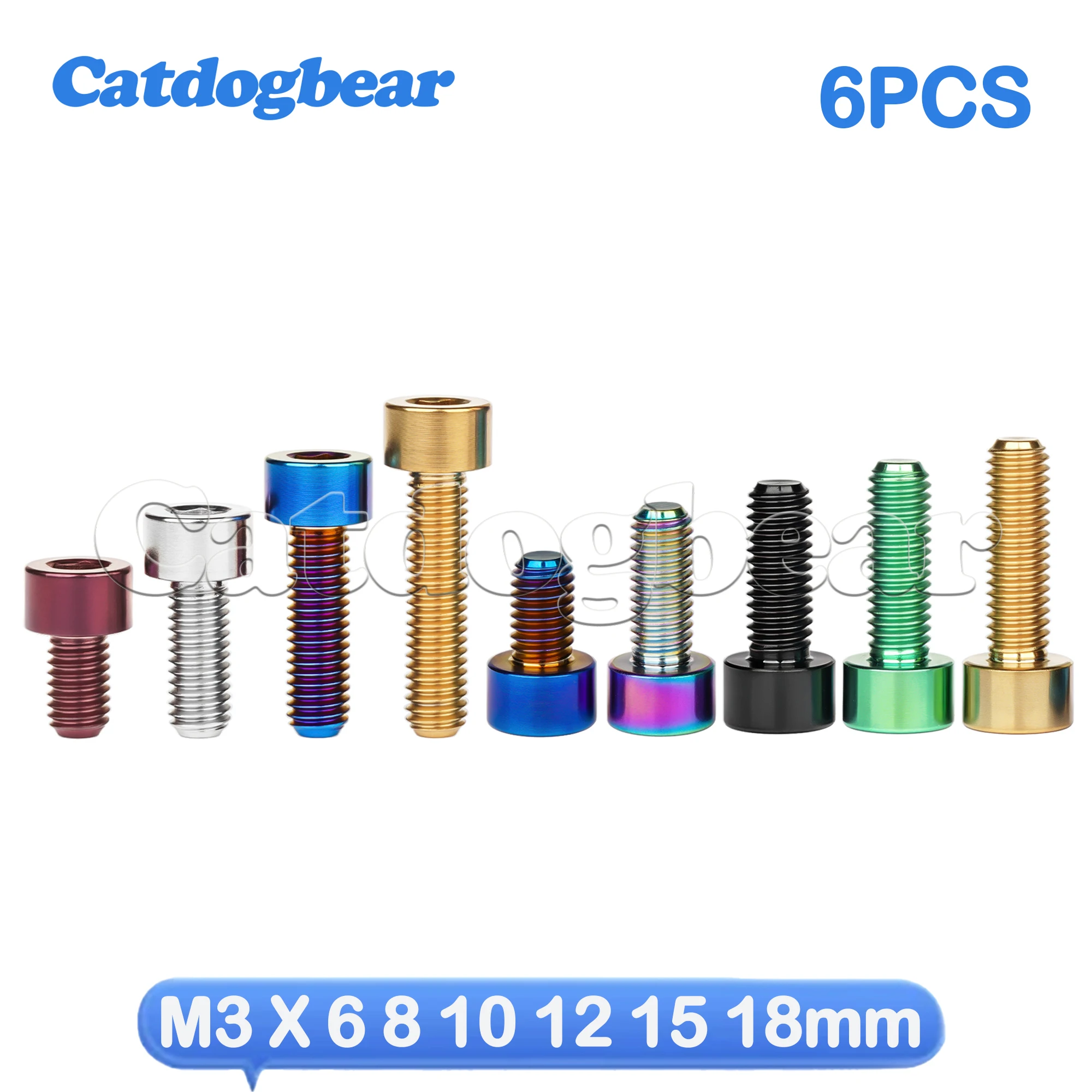 Catdogbear 6PCS Titanium Ti Bolts  M3 X 6 8 10 12 15 18mm  Inner Hexagon Screws DIN912 for Bike Ti Fastener