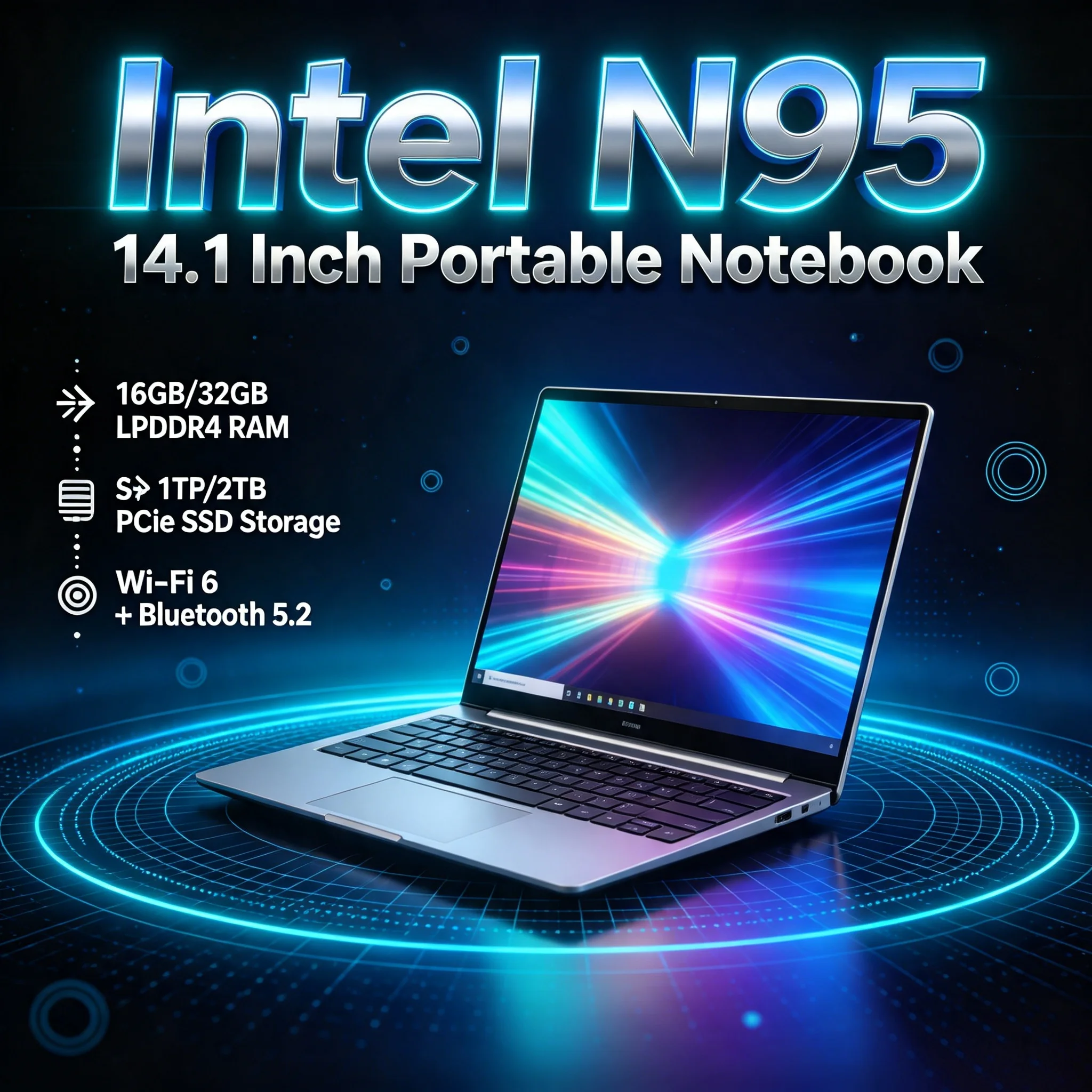 Intel N95 14.1 Inch Portable Laptop 4C4T 3.4GHz 15W 6MB L3 Cache 32GB DDR4 1TB 2TB SSD 1920x1080 Office Study Pro