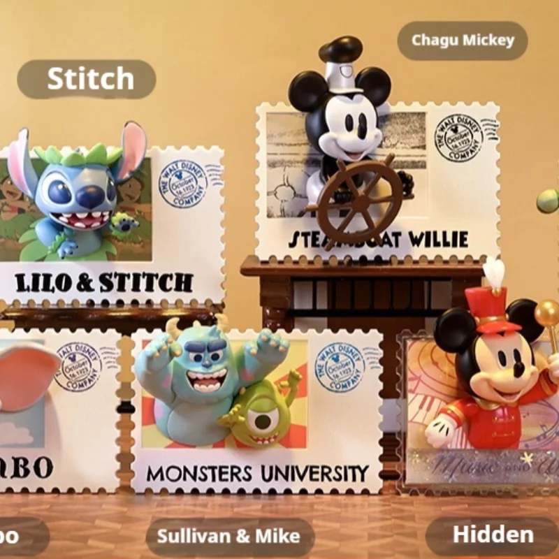 MINISO Blind Box Disney 100th Anniversary Retro Stamp lovely Mickey Mouse The Pooh Stitch Refrigerator Stickers Statue Gifts