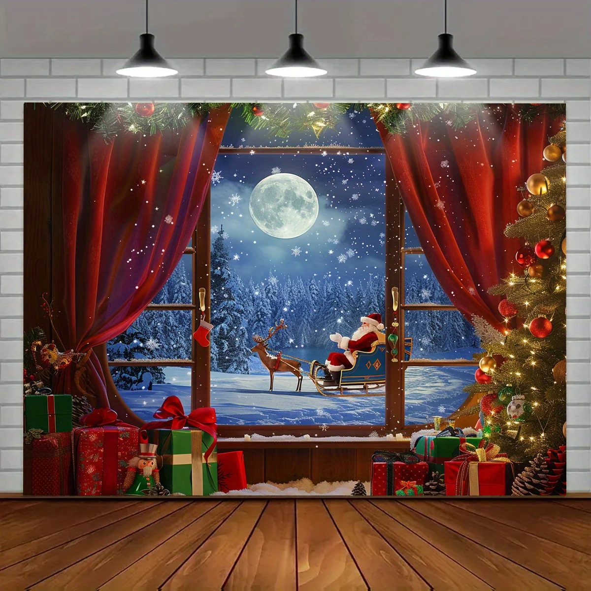 Christmas Wonderland Window Background Cloth - Santa Claus, Snowflakes, and Moon - Perfect for holiday parties and home decor