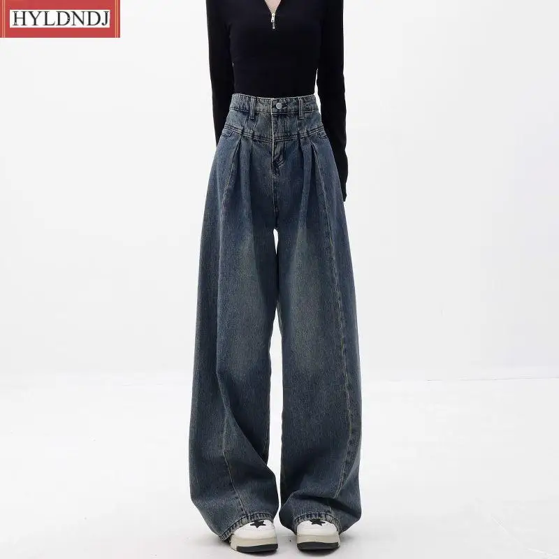 Retro yıkanmış yüksek bel gevşek geniş bacak mavi Denim pantolon yeni moda rahat ince pantolon pantolon pantolon kot pantolon Womens küçültmek