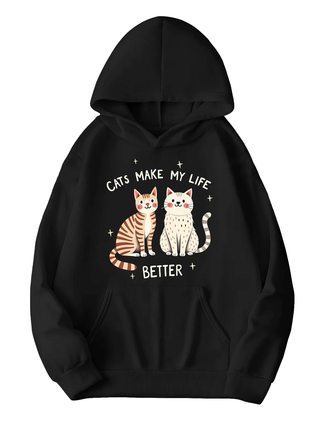 

Women's Plus Size "cats Make My Life Better" Hoodie - Cozy Fleece Sweatshirt with Cat Graphics, Front Pocket, Long Sleeve, Gray,