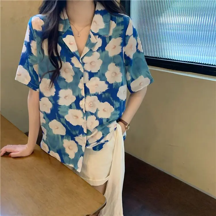 Camisa retro de manga curta para mulheres, estilo coreano e hong kong, impressa, pintura a óleo, solta, férias de verão