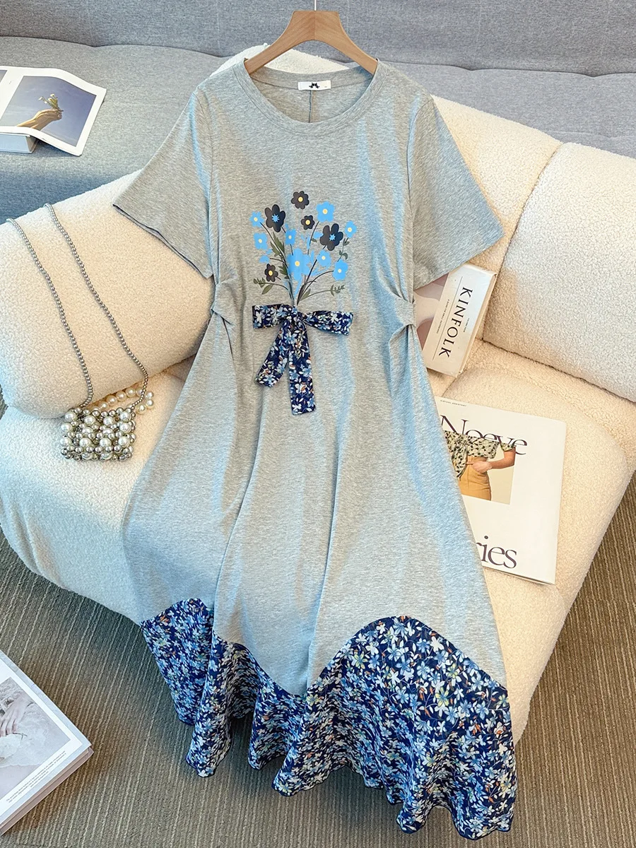 

140Kg Plus Size Women's Bust 144 Summer Patchwork Cute Short-Sleeved Dress 4XL 5XL 6XL 7XL 8XL