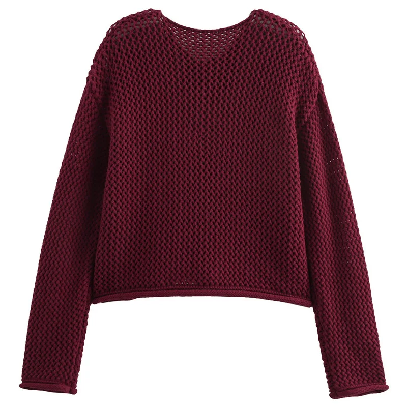 TRAF Women\'s Crop Knit Cardigan Autumn 2024 Crochet Long Sleeve Cardigan For Women Outerwear O-Neck Short Sweater New Knitwears