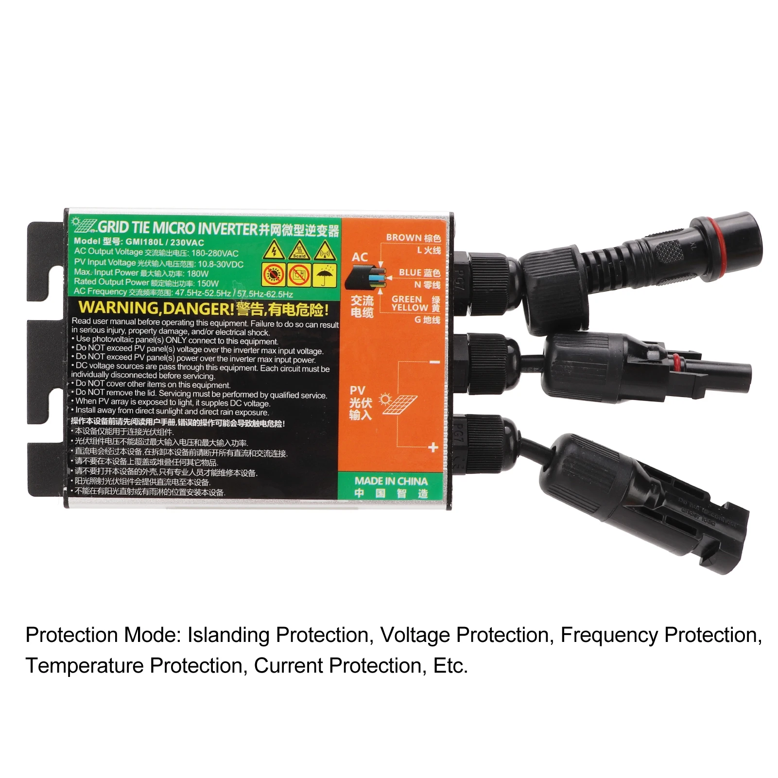 

180W Solar Grid Tie Inverter, Pure Sine Wave, 10.8-30V DC Input, 180-280V AC Output, Micro Inverter for 230V Grid