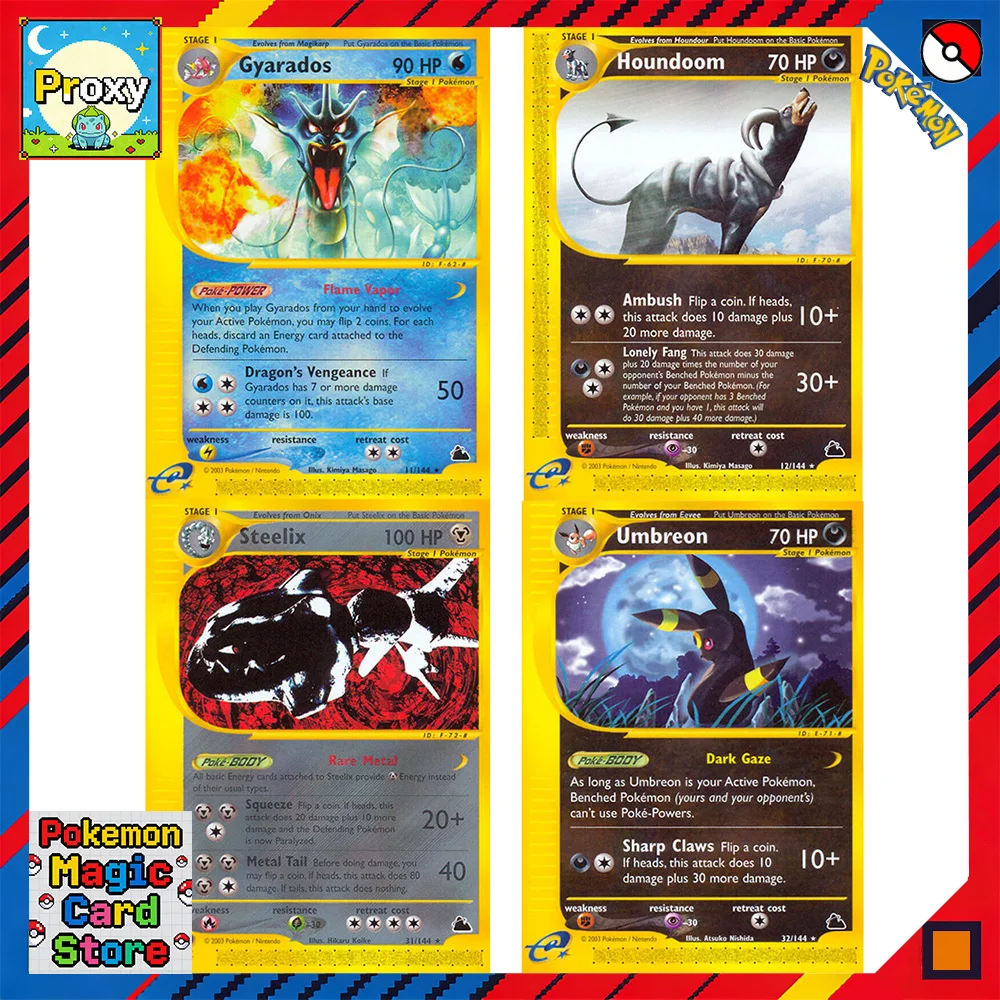 Коллекционные карты Pokemon: набор из четырех карт (Slowbro, Snorlax, Steelix, Houndoom, Scizor, Suicune, Tyranitar, Umbreon) PKM PTCG. Подарки для фанатов.