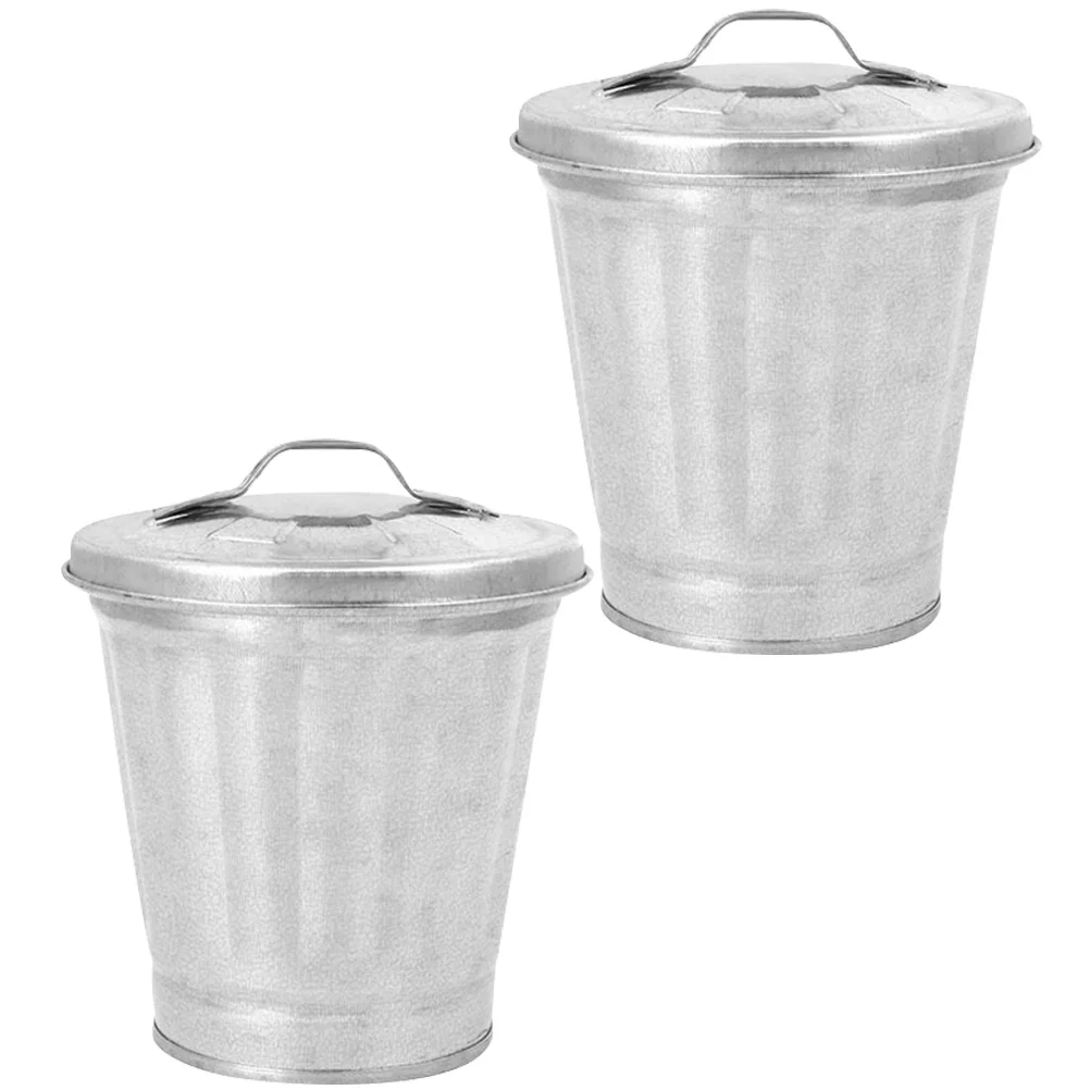 2 Pcs Mini Trash Can Bin Small Galvanized with Lid Bucket Nursery Pots Plant Garden Planters Iron Wastebasket Office