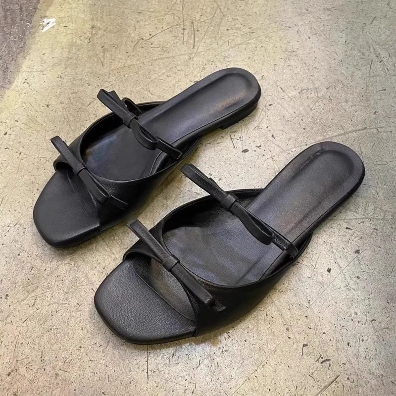 French Romantic Slippers Women Cute Bow Square Head Flats Slippers 2026 Summer Outside Wearing Cool Flip Flops Shoe Sandalias