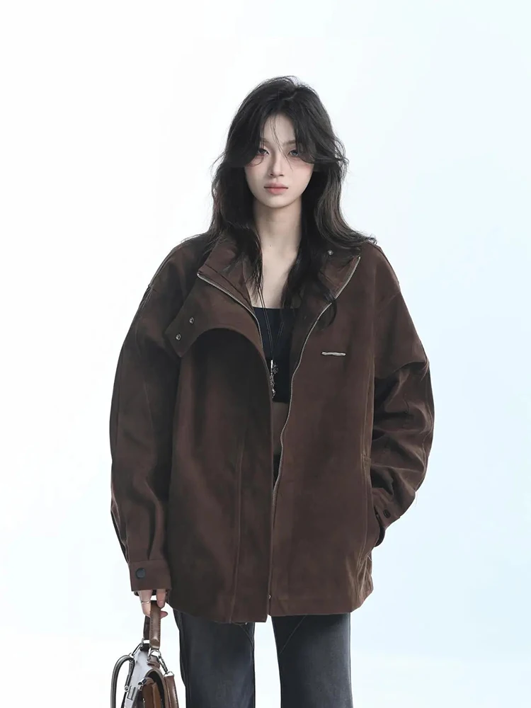 

American Retro Women Jacket Fall Winter Brown Loose Simple Casual Zipper Jackets Vintage Button Patchwork Streetwear New Coats