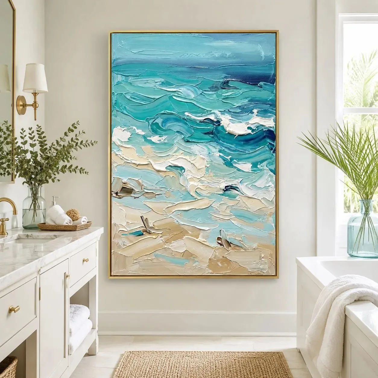 Textured Impasto Coastal Canvas Poster Thick Brush‑Stroke Sea Wave Beach Ocean Landscape Wall Art for Home Interior Decoration