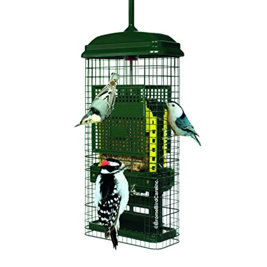 Squirrel-proof suet bird feeder for outdoor use, durable green plastic, mess-free loading with two suet trays and two crumb por