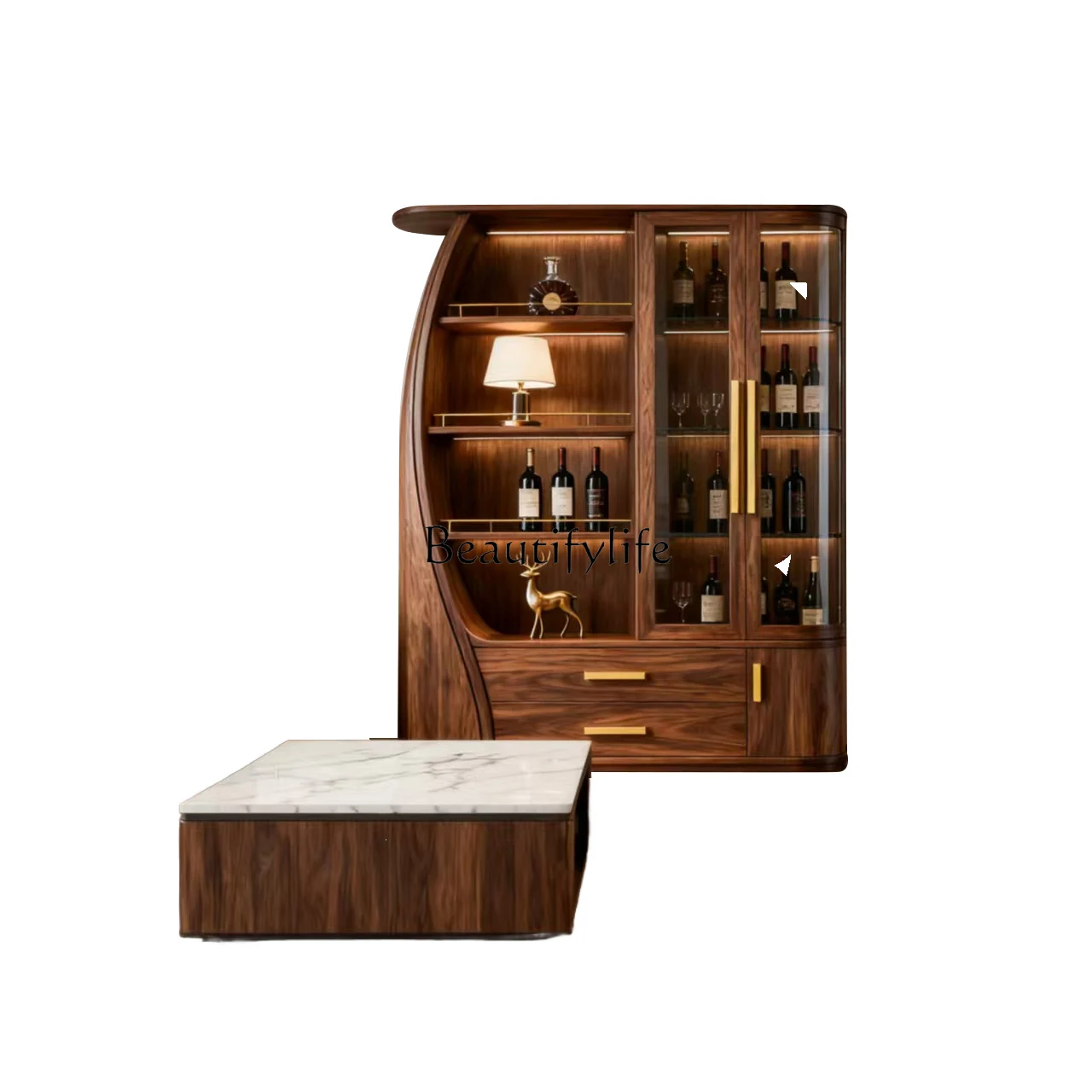 

New Chinese Solid Wood Bookcase Black Walnut Tea Room Shelf Tea Cabinet