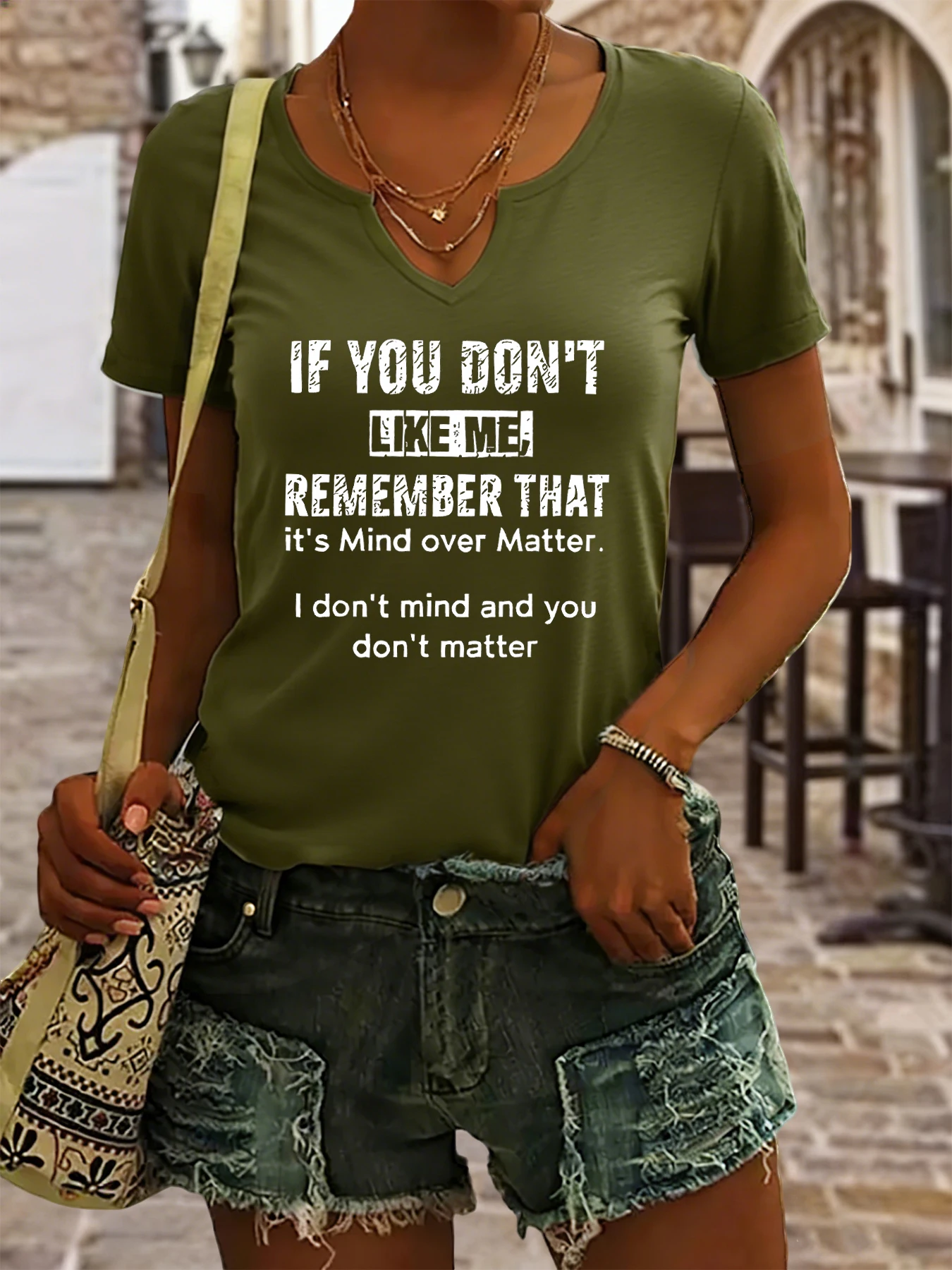 Damen Sommer-T-Shirt mit V-Ausschnitt und kurzen Ärmeln, frecher Aufdruck mit dem Zitat „If You Don't Like Me“, Lässiges Mode-Oberteil mit Haltungsaussage – Detail 2
