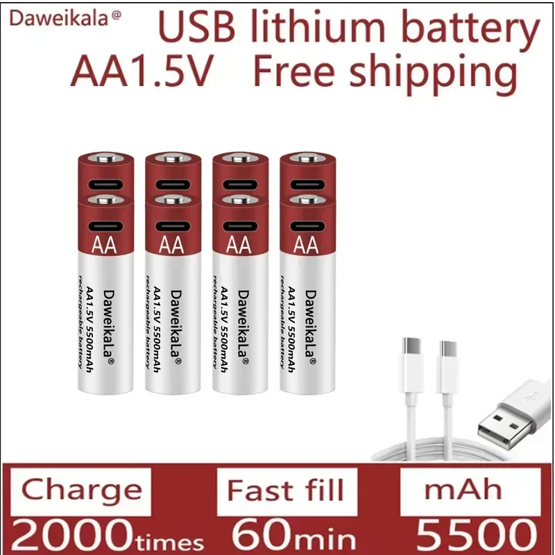 Nueva batería de iones de litio recargable AA USB 1,5 V AA 5500mAh/batería de iones de litio reloj de juguete reproductor MP3 termómetro teclado