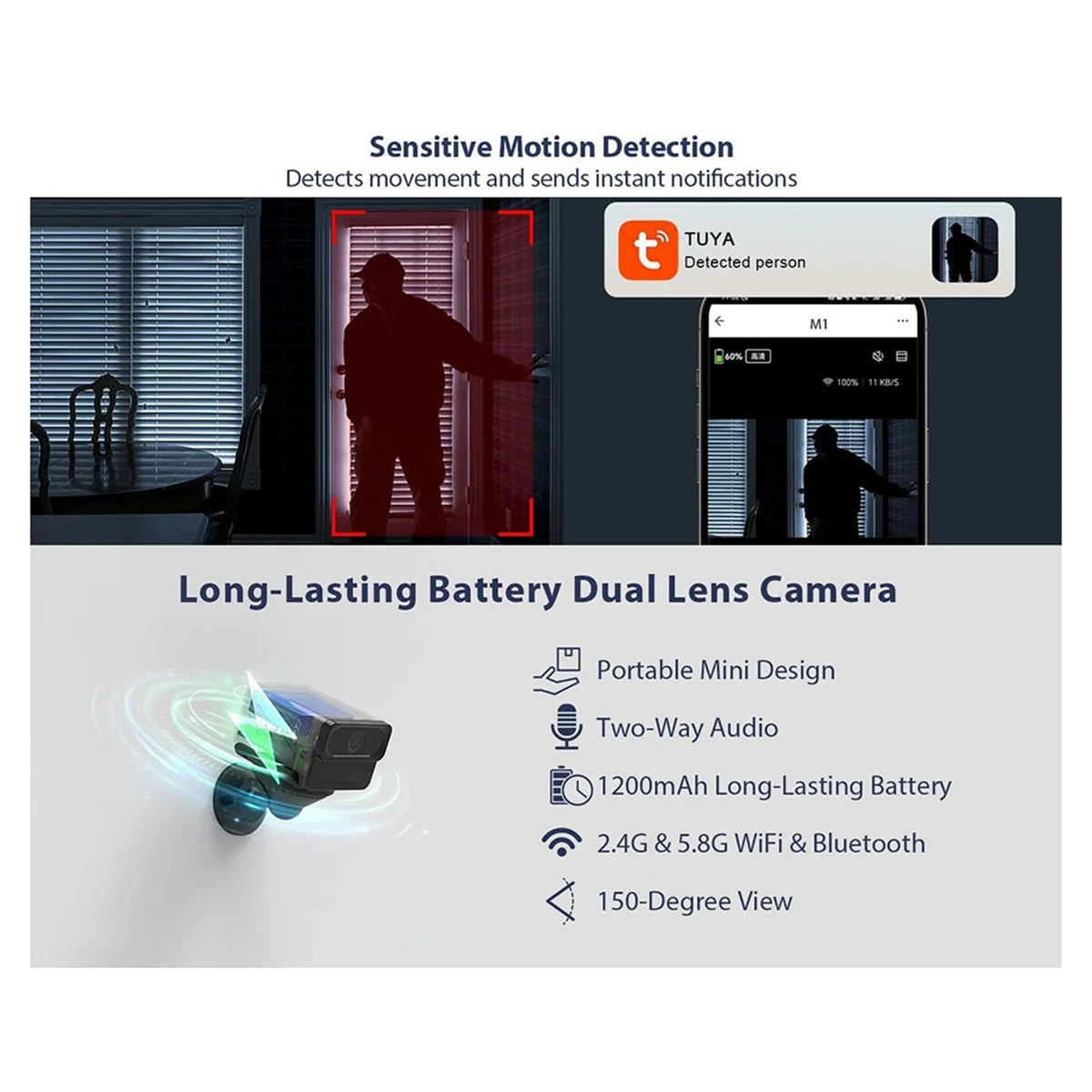 【T330】كاميرا Tuya 2K Wifi كاميرا مراقبة 2.4Gand5G بطارية مدمجة PIR كشف الحركة للرؤية الليلية اتجاهين الصوت #4