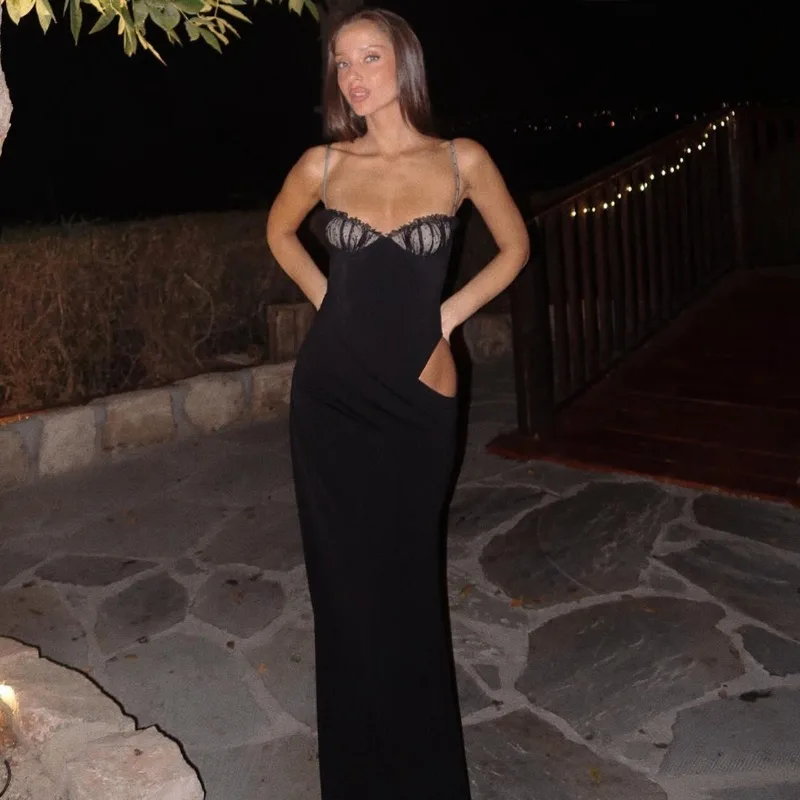 

Talenza Black Sexy Dress Fashion Hollow Out Backless Sleeveless Lace Patchwork Dress Elegant Luxury Women's Party Evening Dress