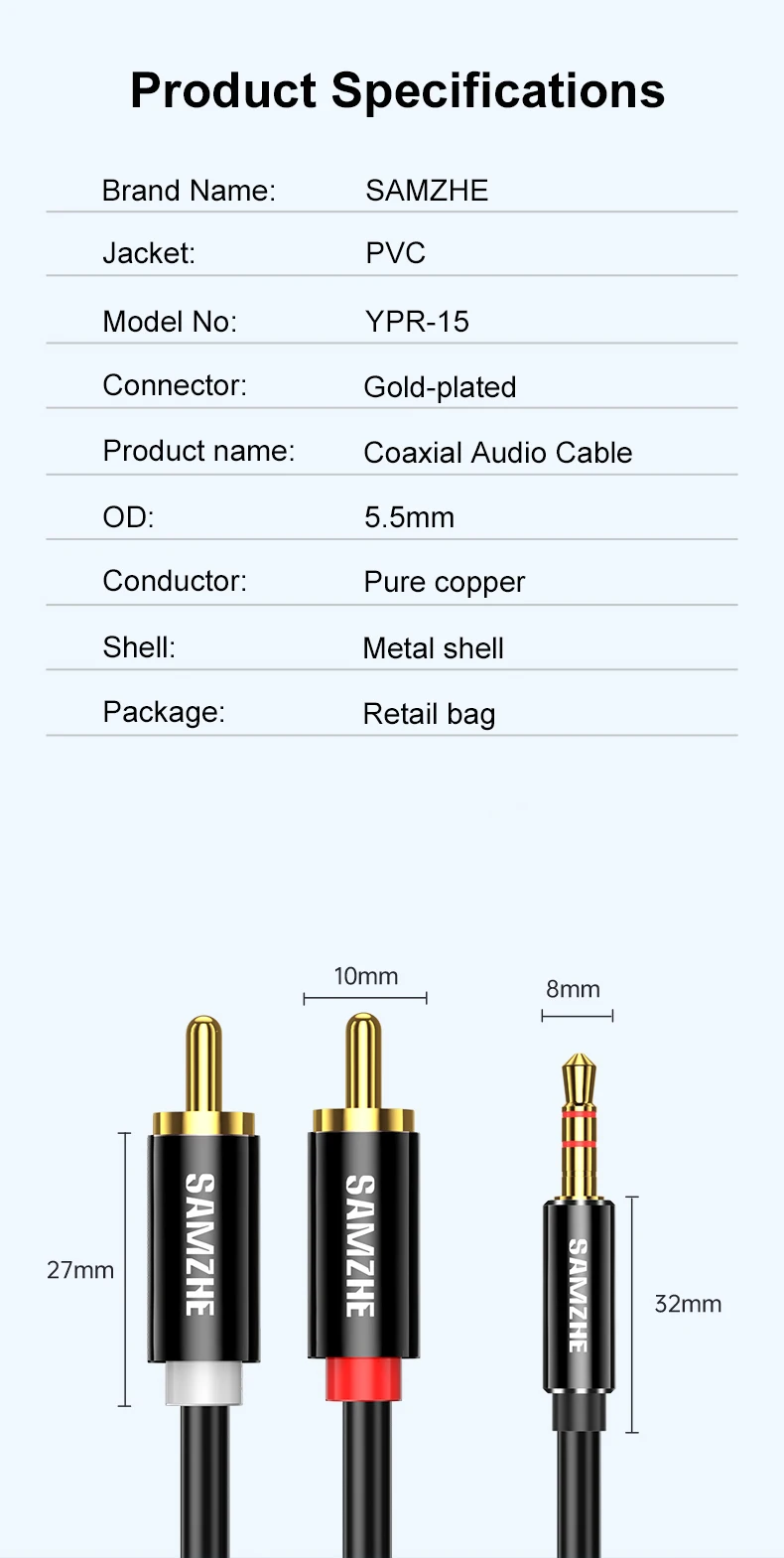 Samzhe rca kabel buchse 3,5mm zu rca audio kabel 3,5mm buchse zu 2rca männlich splitter aux kabel für tv pc verstärker dvd lautsprecher kabel – Detail 7