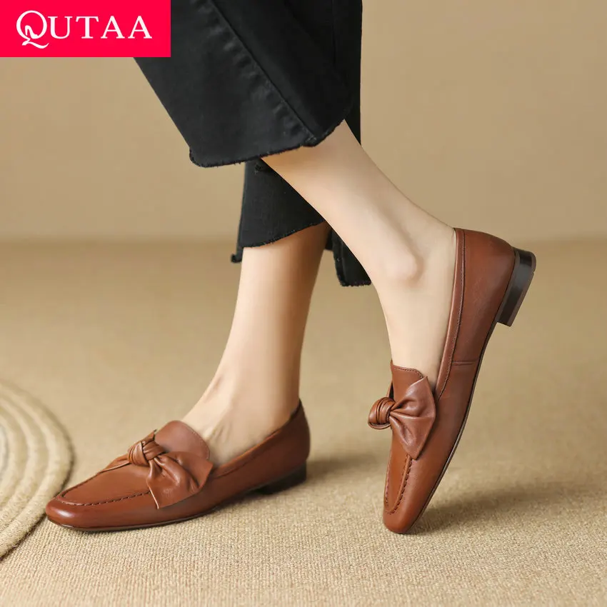 

QUTAA 2023 Women Pumps Butterfly Knot Genuine Leather Low Heels Slip On Round Toe Shoes Woman Spring Summer New Size 34-40