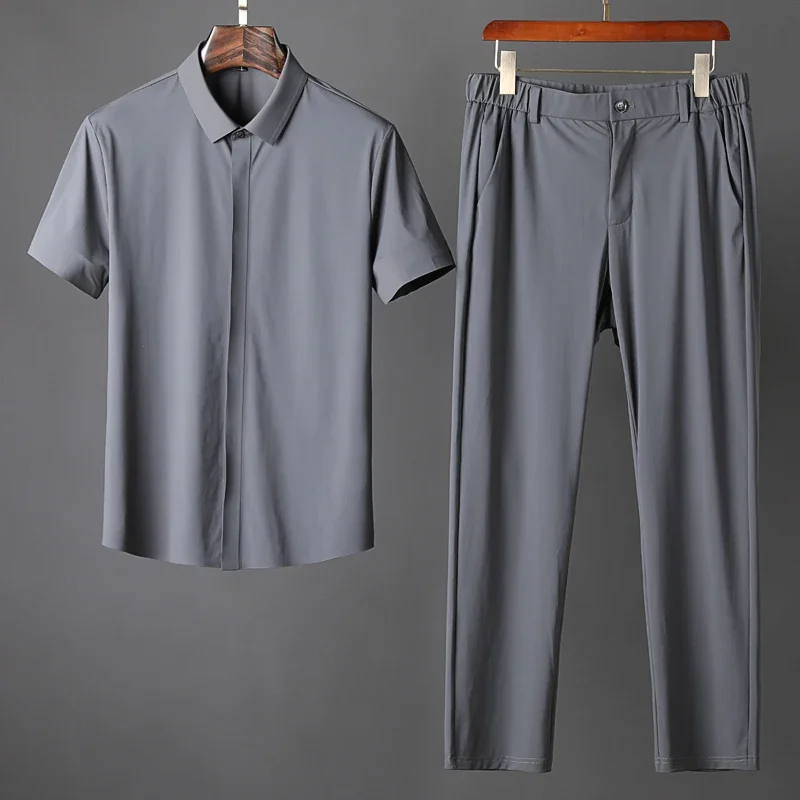 New Summer Thin Mens Sets (shirts+pants) Luxury Short Sleeve Solid Color Silky Male Sets Fashion Sport Casual Man Suits 4XL